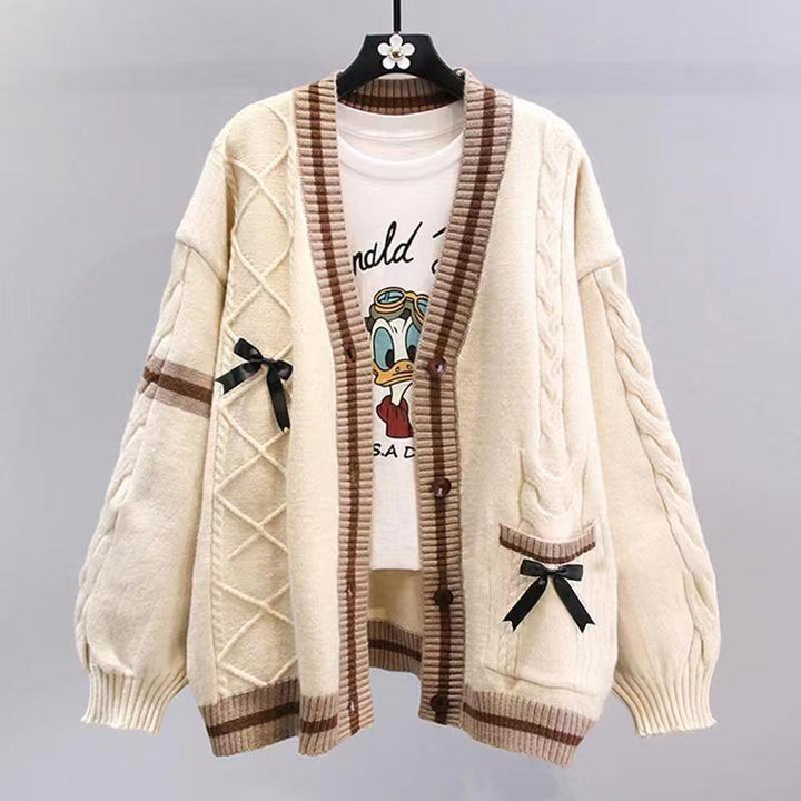 Damen Modischer Strickcardigan mit Zopfmuster und dekorativen Schleifen Drune