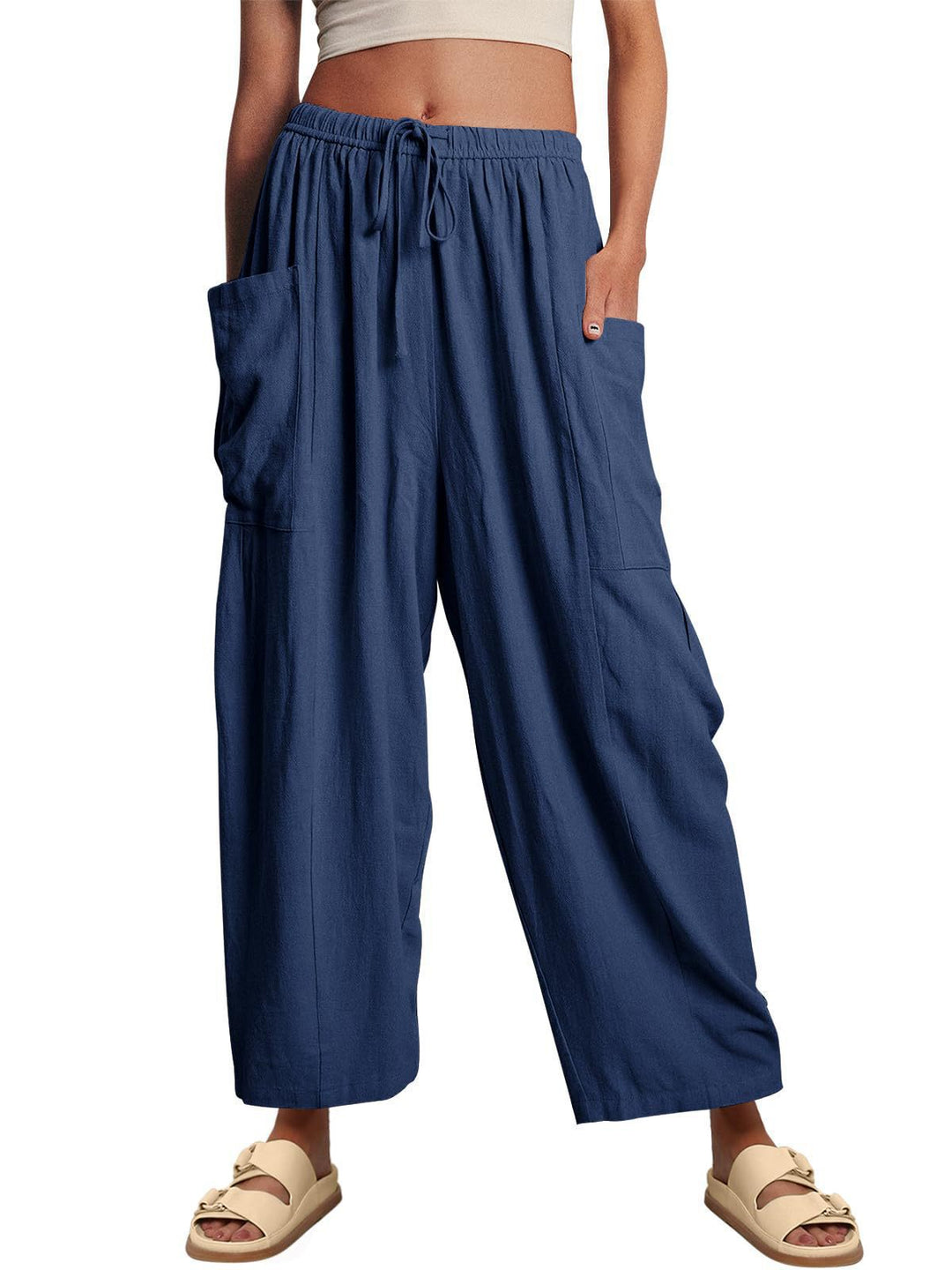 Damen bequeme Palazzo-Hose mit elastischem Bündchen und seitlichen Taschen Drune