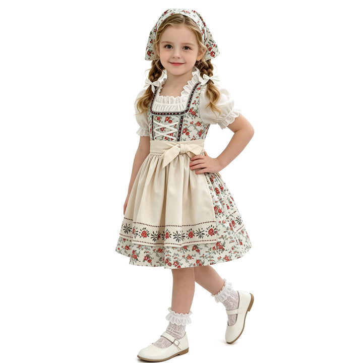 Damen nan traditionelles Kinderdirndl-Set mit Schnürkorsett, Puffärmeln und Kopftuch Drune
