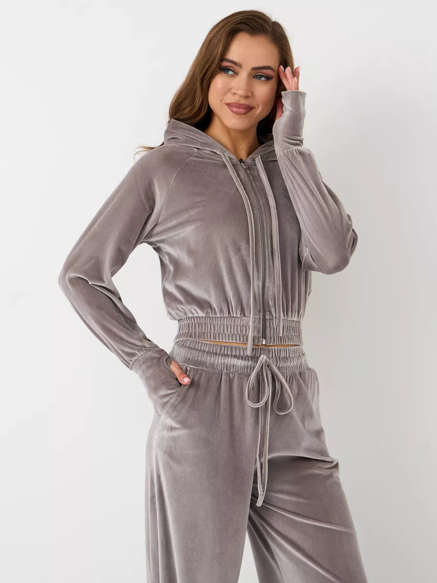 Damen Modisches Fleece-Set mit tailliertem Hoodie und weit geschnittenen Hosen Drune