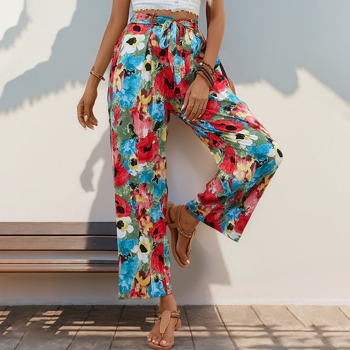 Damen weite Sommerhose mit buntem Blumenmuster und elastischem Bund Drune