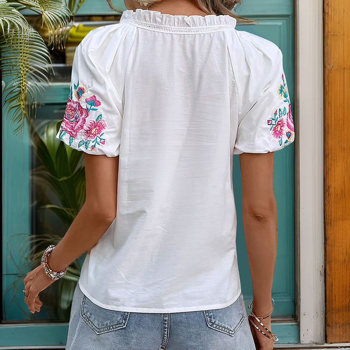 Damen Bluse mit voluminösen Ärmeln und floralem Stickdesign Drune