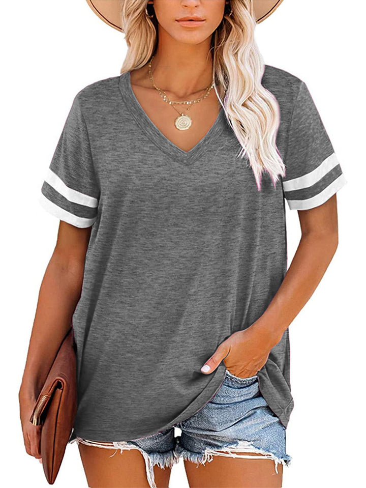 Damen V-Ausschnitt T-Shirt mit sportlichem Streifenmuster und lockerem Schnitt Drune