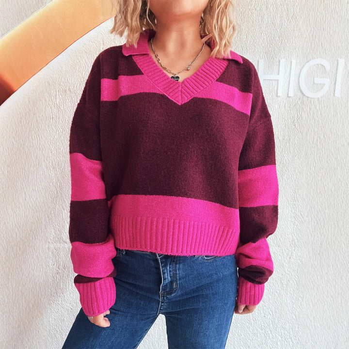 Damen Strickpullover mit modischen Streifen und V-Ausschnitt Drune