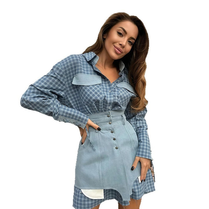 Damen Karo Hemdbluse mit Jeansrock und artisanalem Schnitt Drune