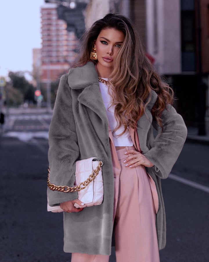 Damen Eleganter Kunstpelzmantel mit breitem Revers und weitem Schnitt Drune