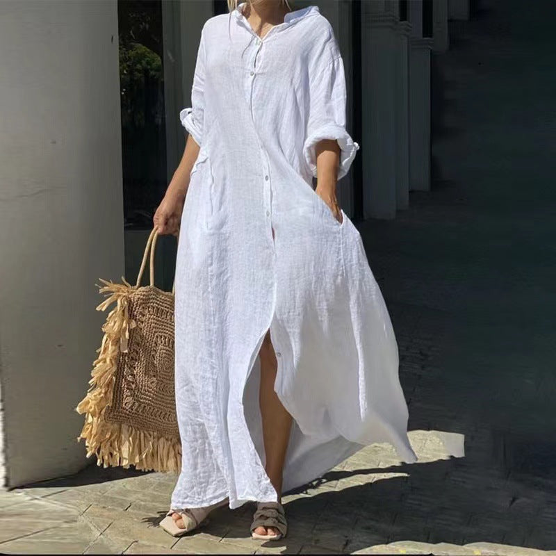 Drune | Einreiher Baumwoll-Leinen Plus Size Langkleid