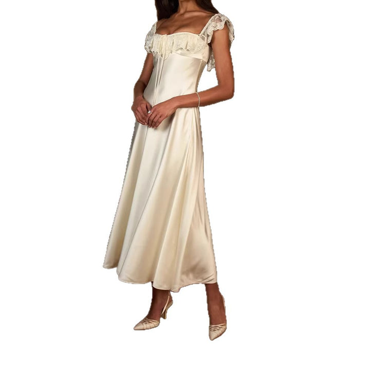 Damen Elegantes bodenlanges Kleid mit Spitzenbesatz Drune