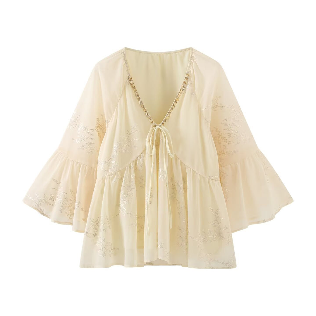 Damen leichtes Blusenshirt mit fließendem Schnitt und eleganten Bindebanddetails Drune