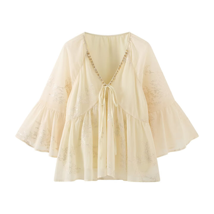 Damen leichtes Blusenshirt mit fließendem Schnitt und eleganten Bindebanddetails Drune