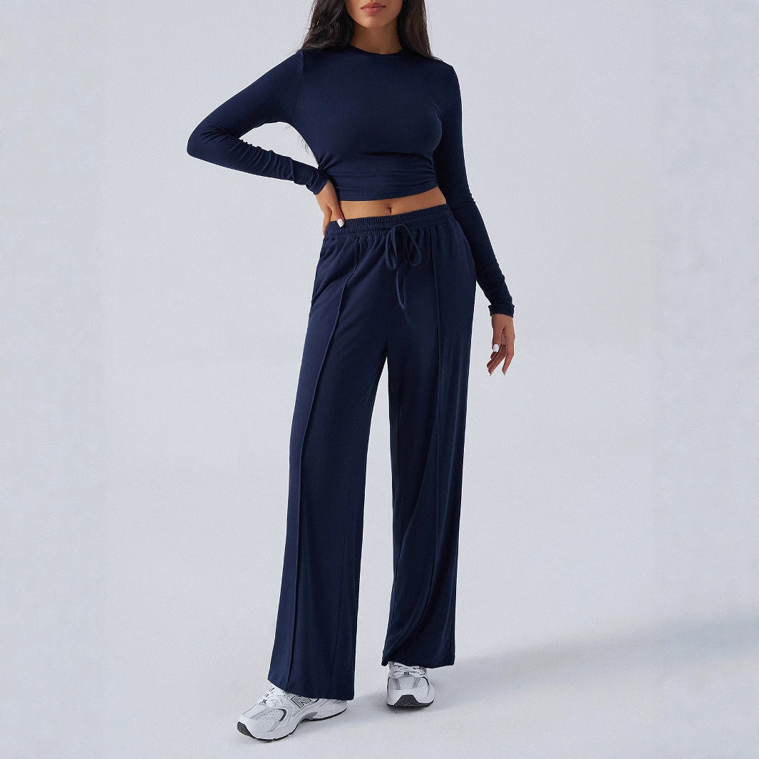 Damen lässiges Lounge-Set mit langärmligem Crop-Top und weitem Bund Drune