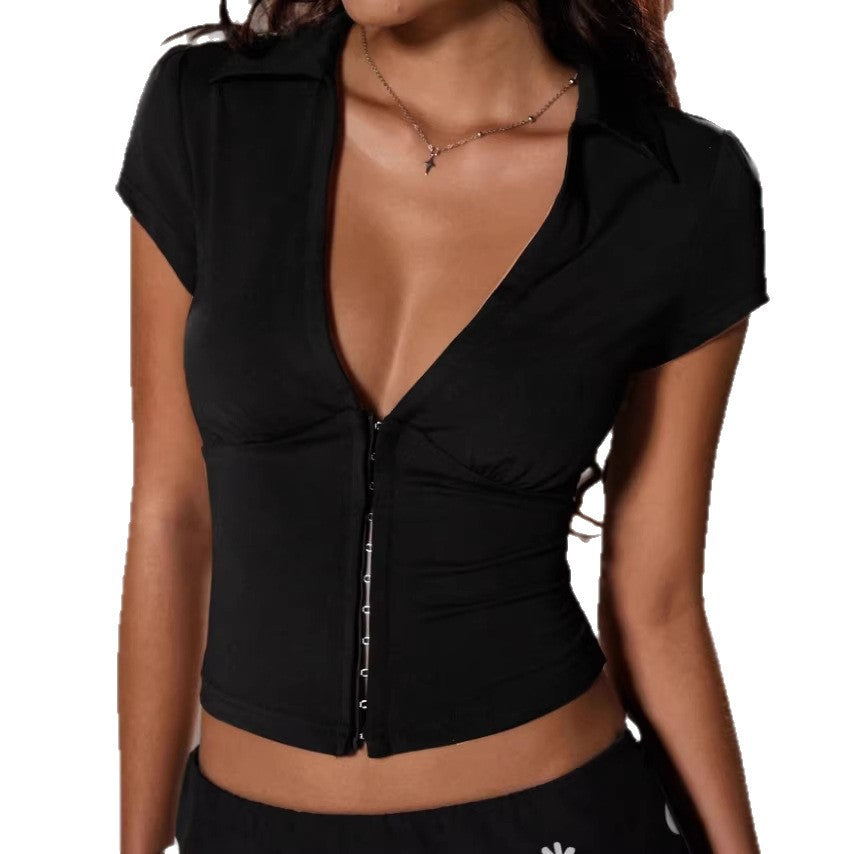 Damen Elegantes Bodysuit mit tiefem V-Ausschnitt und dekorativer Knopfleiste Drune
