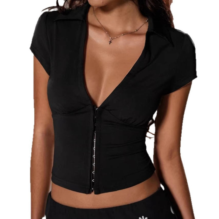 Damen Elegantes Bodysuit mit tiefem V-Ausschnitt und dekorativer Knopfleiste Drune