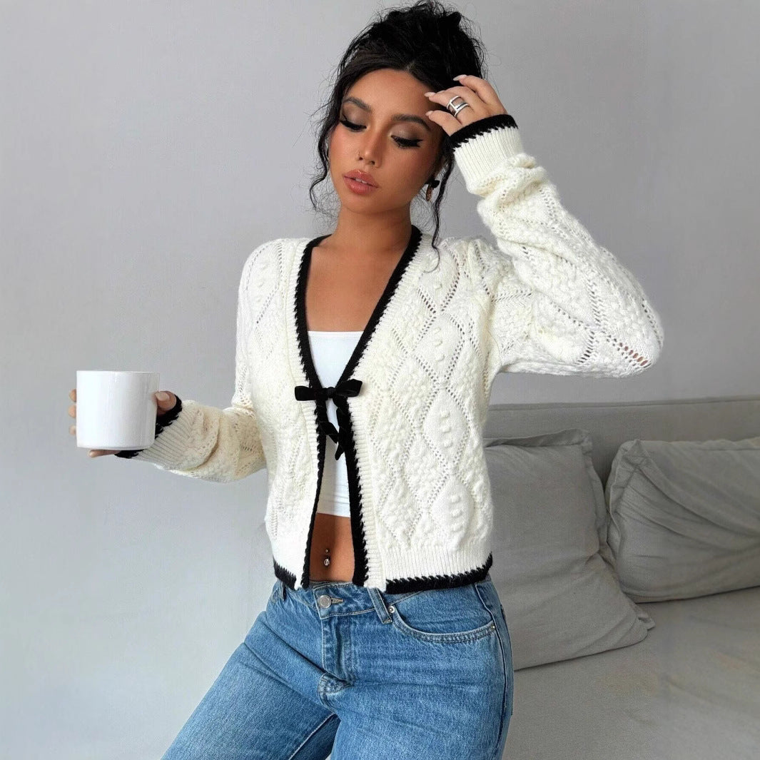 Damen lässige Strickjacke mit kontrastierenden Rippeneinsätzen und Kordelzug Drune