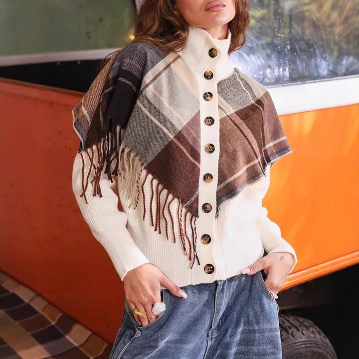 Damen eleganter Cardigan mit Fransen und dekorativen Knöpfen Drune