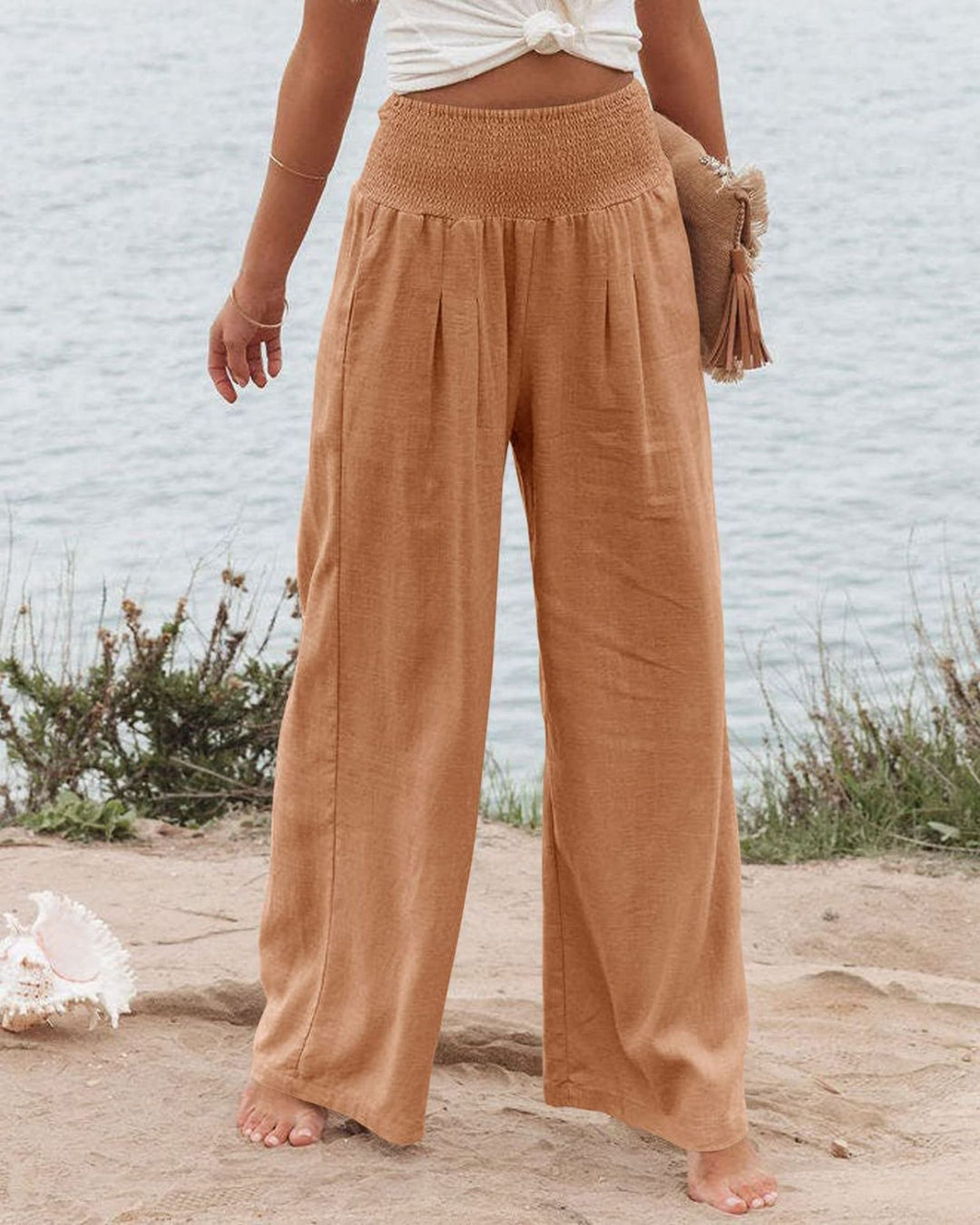 Damen Weite Leinenhose mit elastischem Bund und Falten Drune