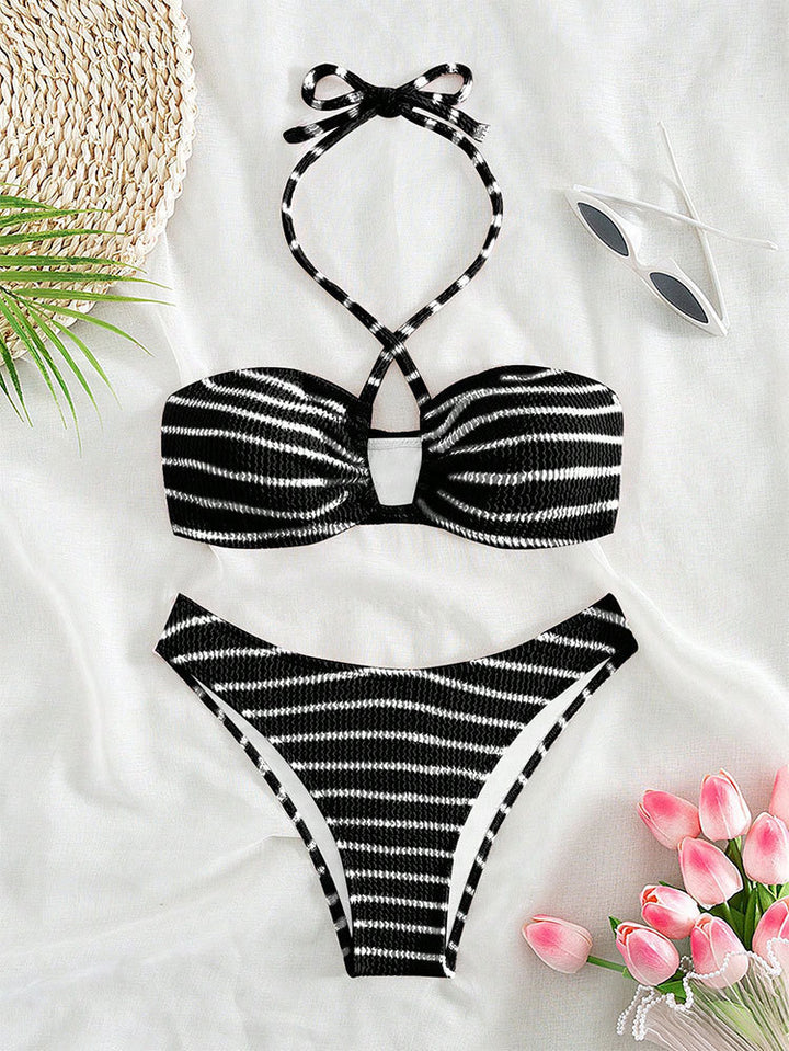 Damen zweiteiliger Bikini mit geflochtenem Oberteil und hohem Beinausschnitt Drune