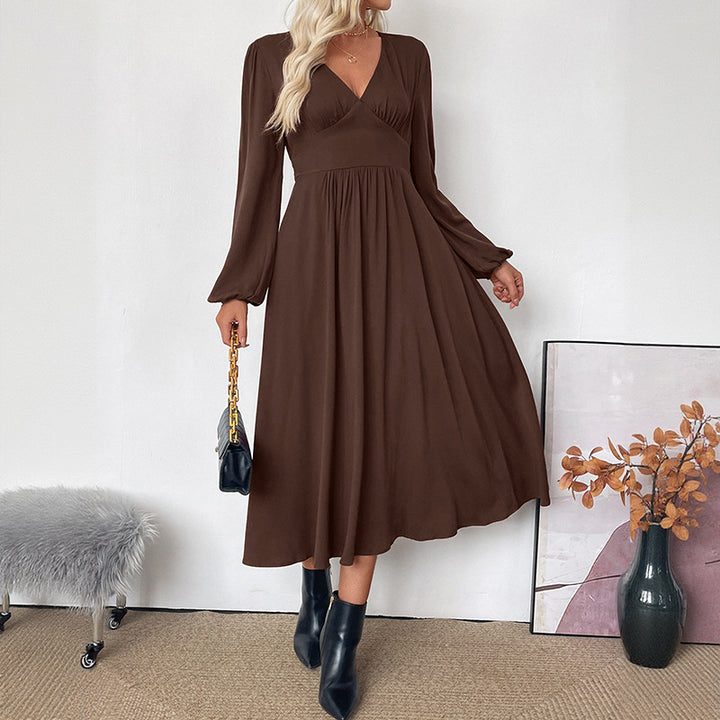 Damen Maxi-Kleid mit V-Ausschnitt und Ballonärmeln Drune