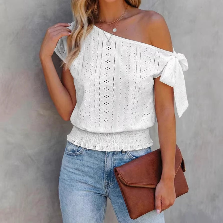 Damen Off-Shoulder Bluse mit voluminösen Ärmeln und Rüschen Drune