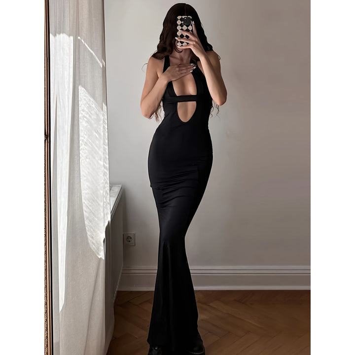 Damen figurbetontes Maxikleid mit tiefem V-Ausschnitt und elegantem Schlitz Drune