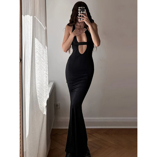 Damen figurbetontes Maxikleid mit tiefem V-Ausschnitt und elegantem Schlitz Drune