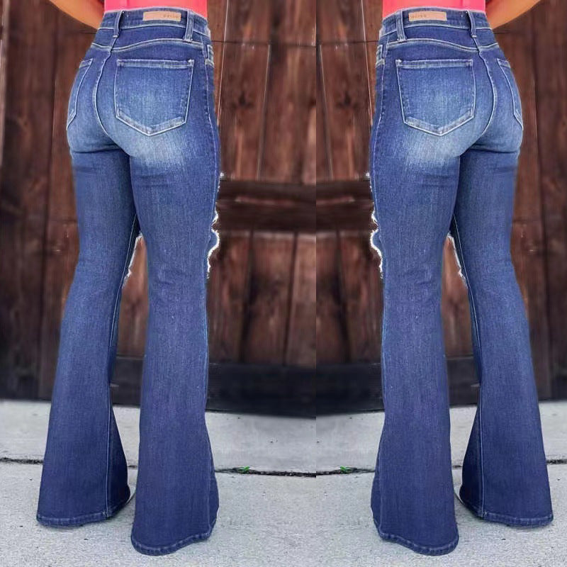 Damen Flared Jeans mit modischen Destroyed-Effekten und hohem Bund Drune