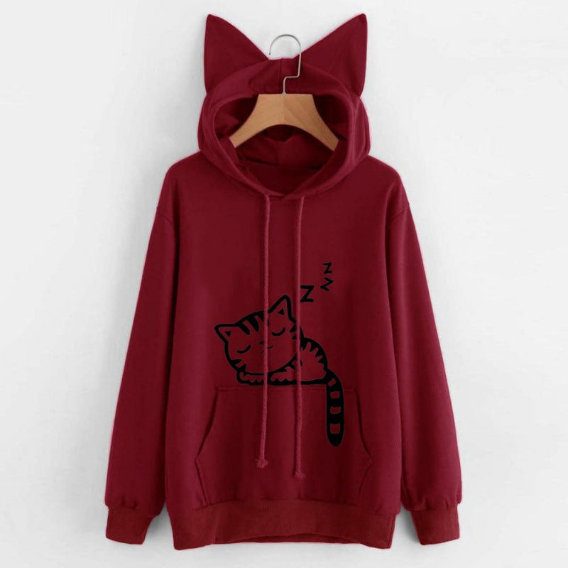 Damen Kapuzenpullover mit Katzenohren und süßem Druck Drune