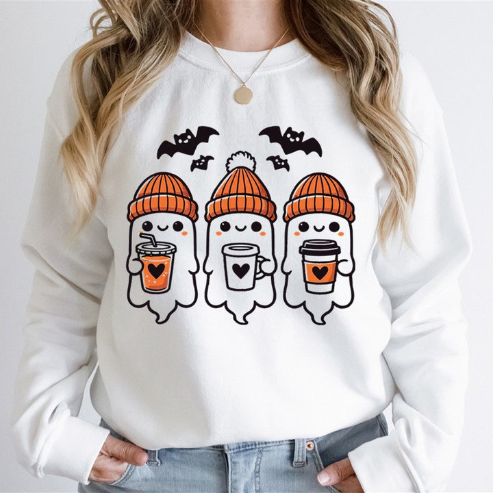 Damen nan gemütlicher Halloween Grafikpullover mit niedlichen Geist-Motiven, Rundhalsausschnitt und weichem Baumwollmix Drune