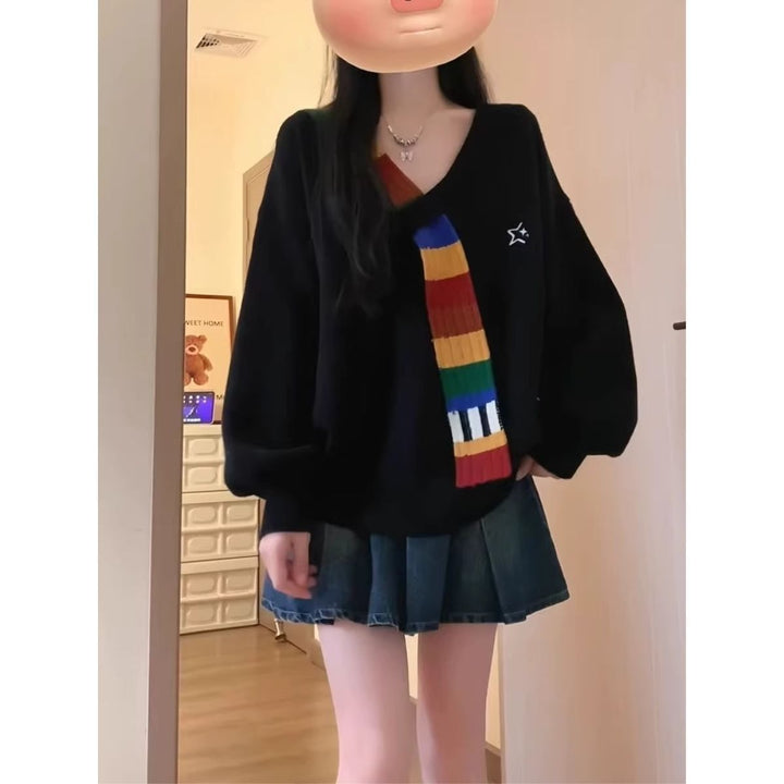 Damen Modischer Pullover mit V-Ausschnitt und bunten Streifen Drune