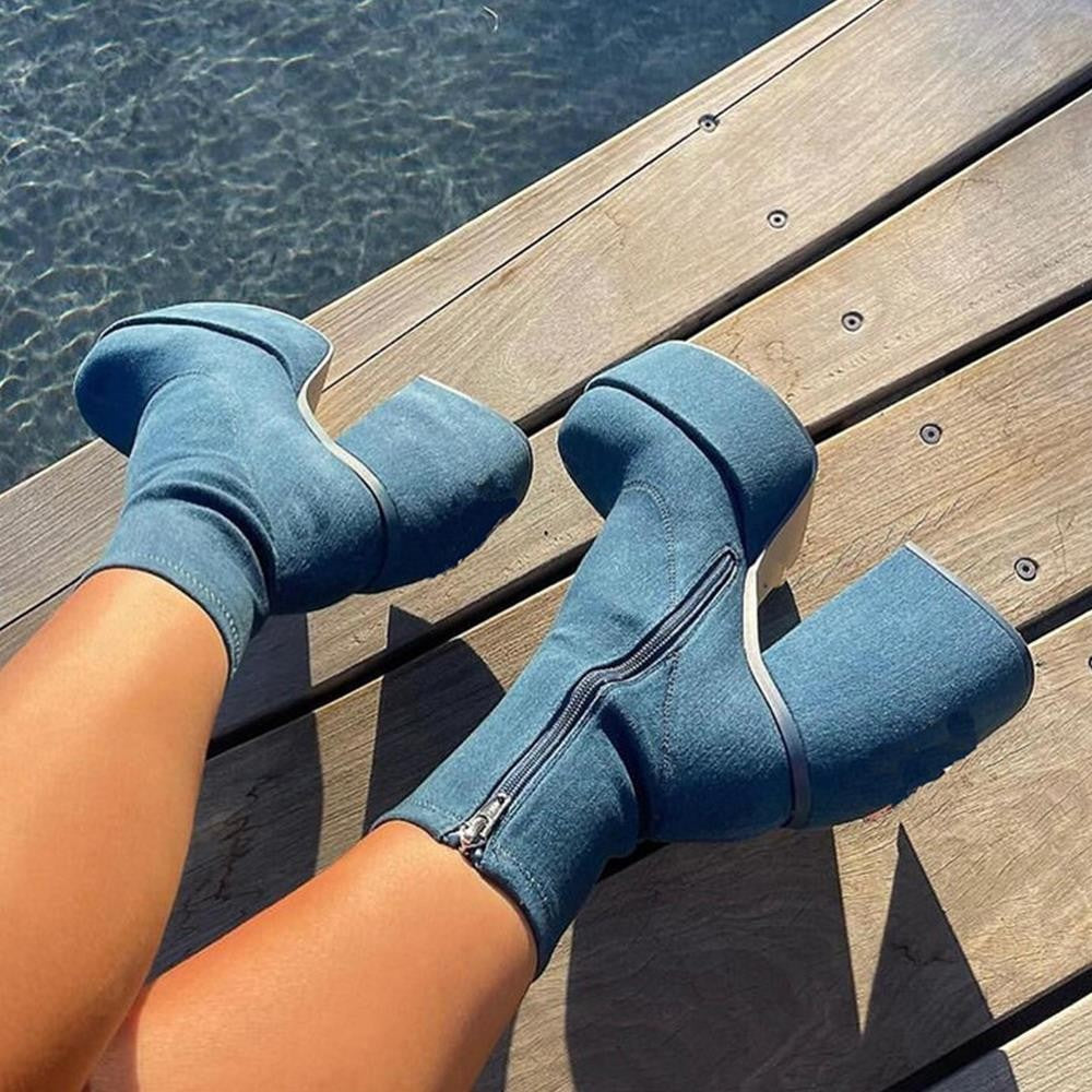 Damen nan Plateau-Stiefelette mit hohem Blockabsatz, nahtlosem Stretchschaft und robuster Laufsohle Drune