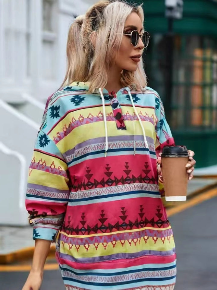 Damen Kapuzenpullover mit kreativem Farbmuster und praktischen Knöpfen Drune