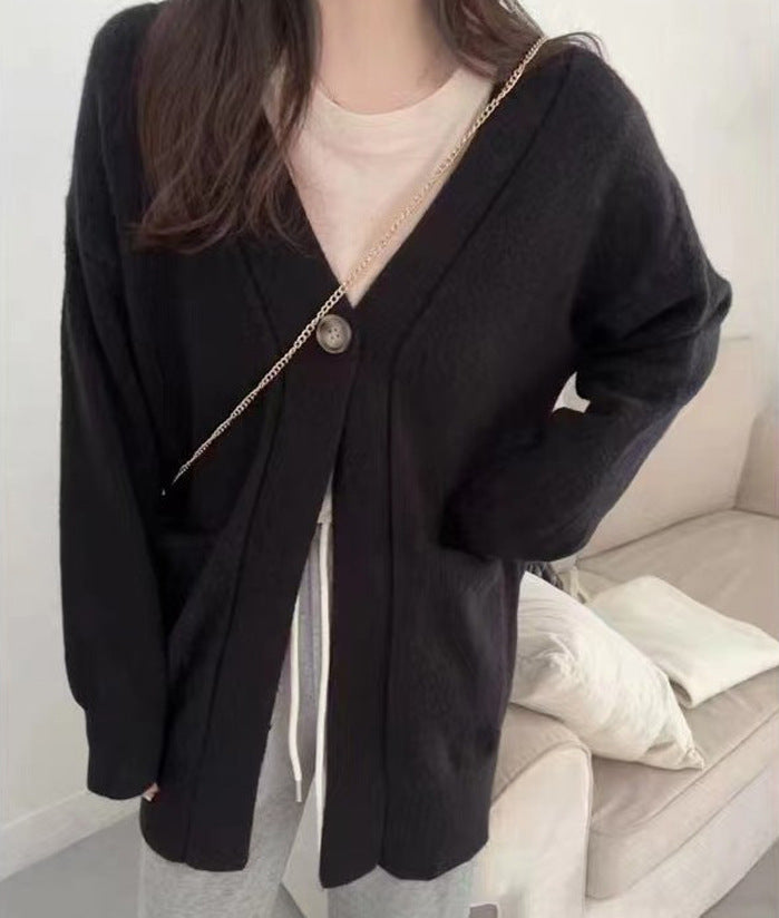 Damen kuschelige Strickjacke mit großen Taschen und durchgehendem Knopfverschluss Drune