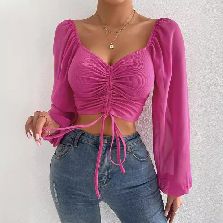 Damen Crop-Top mit strukturiertem Körper und eleganten Puffärmeln Drune