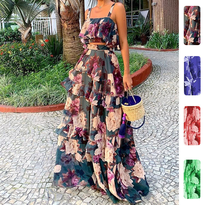 Damen Maxi-Kleid mit floralem Muster und Rüschen Drune