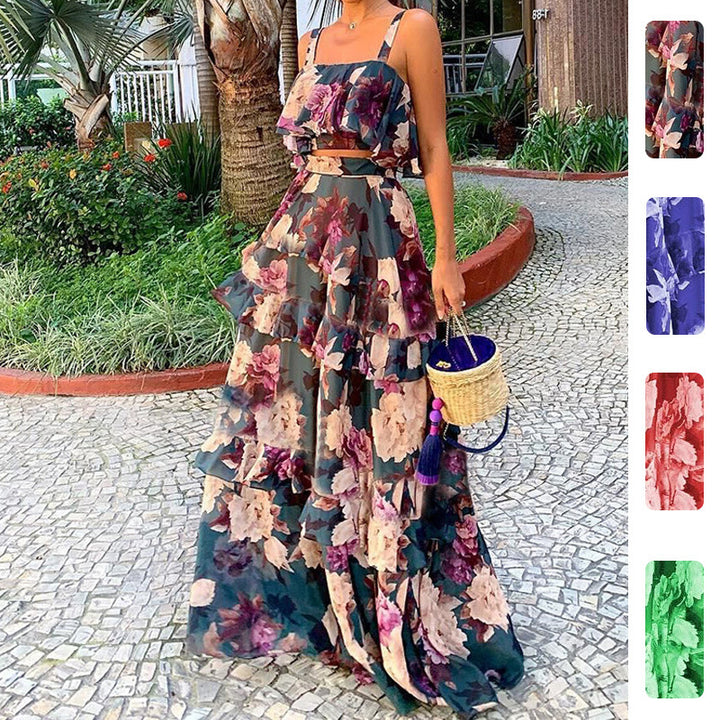 Damen Maxi-Kleid mit floralem Muster und Rüschen Drune