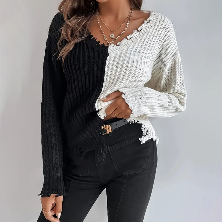 Damen Modischer Pullover mit asymmetrischem Design und Fransen Drune