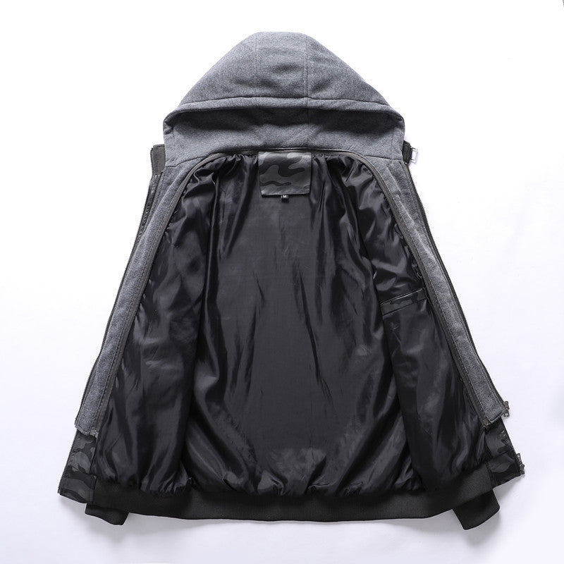 Herren Kunstlederjacke mit abnehmbarer Kapuze und multifunktionalen Taschen Drune