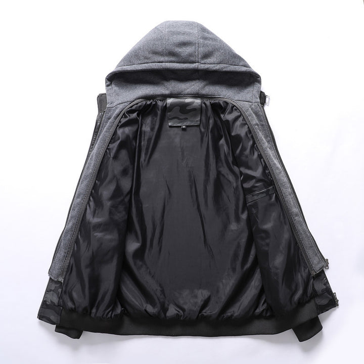 Herren Kunstlederjacke mit abnehmbarer Kapuze und multifunktionalen Taschen Drune