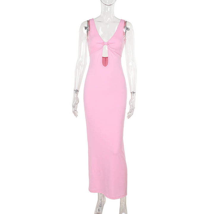 Damen figurbetontes Maxikleid mit tiefem V-Ausschnitt und Cut-Out Drune