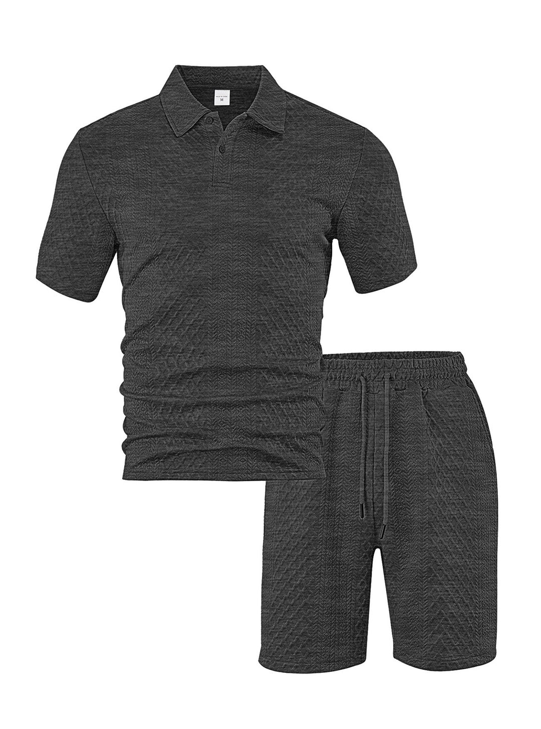 Herren nan eleganter Freizeit-Zweiteiler aus geprägtem Strick mit Polokragen Kurzarmshirt und Tunnelzug-Bermuda Drune