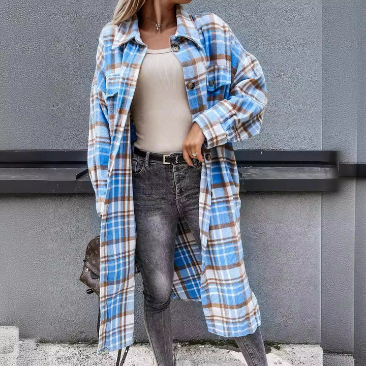 Damen Karierter Hemdblusenmantel aus weichem Baumwollmix Drune