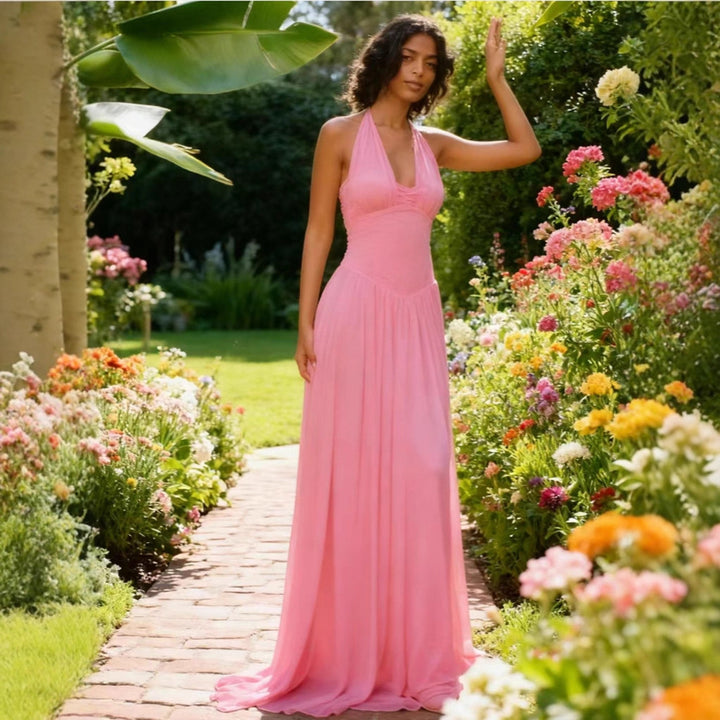 Damen Maxi-Kleid mit neckholder Design und fließendem Stoff Drune