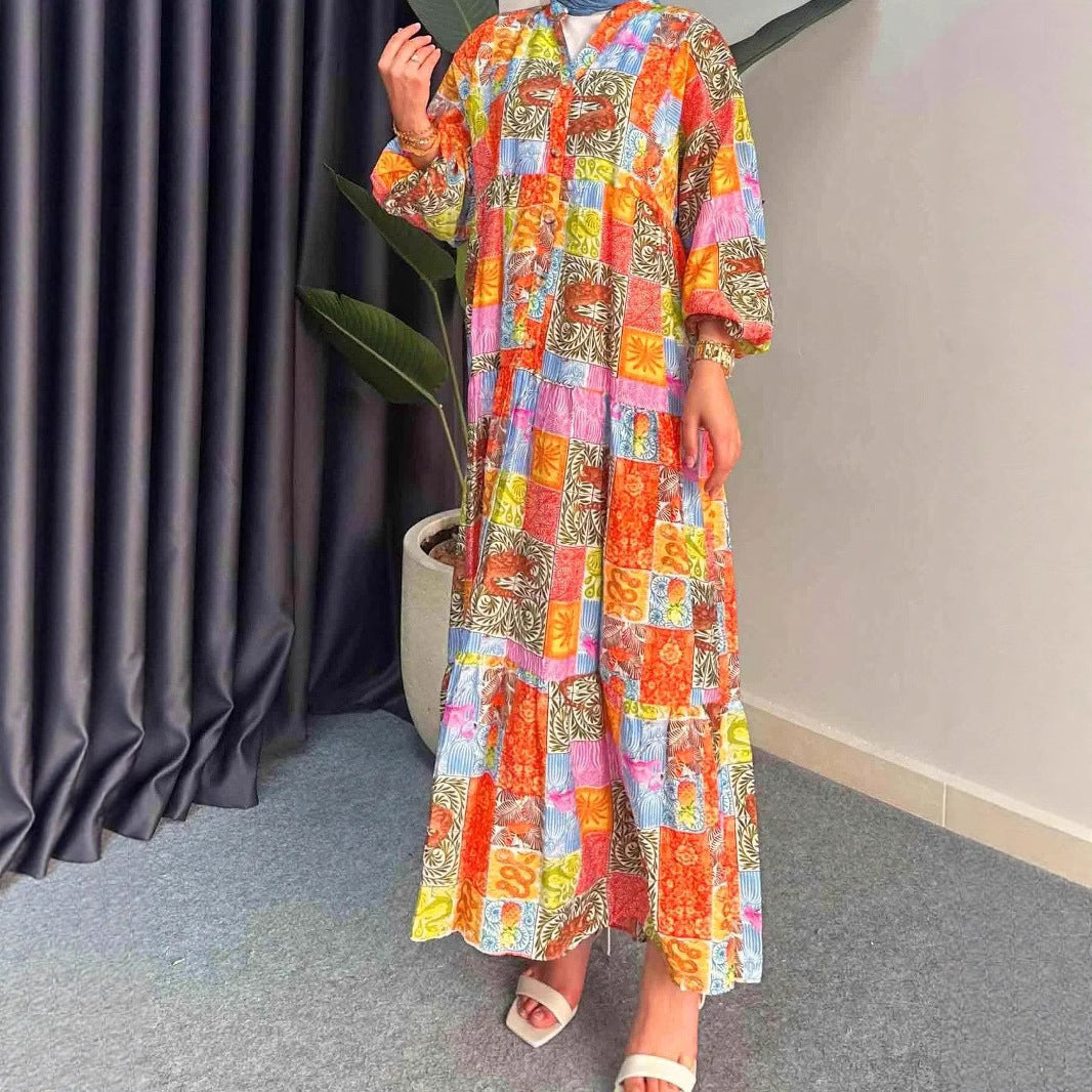 Damen Maxikleid im Boho-Stil mit buntem Patchwork-Design und weiten Ärmeln Drune