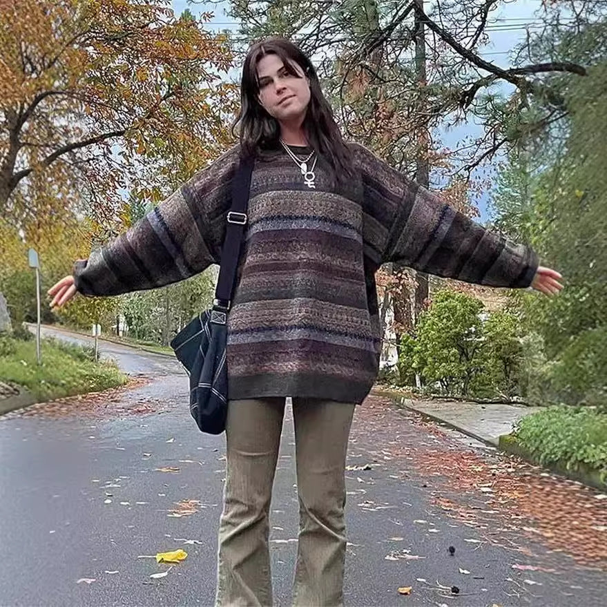 Damen kuscheliger Oversized-Pullover mit buntem Streifenmuster und weiten Ärmeln Drune