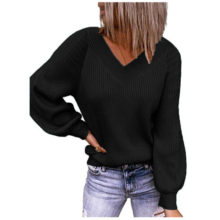 Damen Strickpullover mit V-Ausschnitt und Ballonärmeln Drune