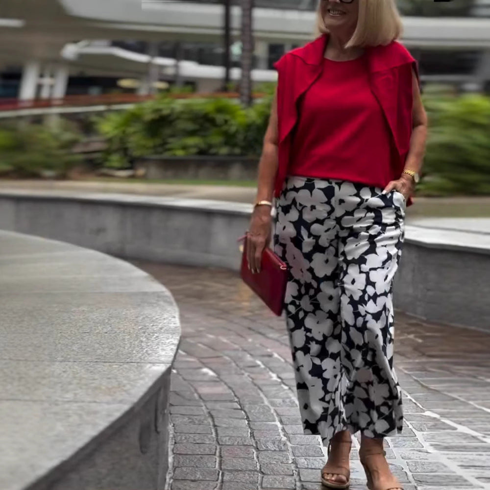 Damen weite Sommerhose mit floralem Design und elastischem Bund Drune