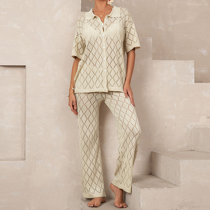 Damen elegantes Strickanzug mit modischem Rautenmuster und lockerer Passform Drune