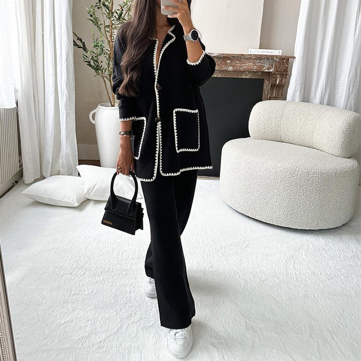 Damen elegantes Strickblazer-Set mit kontrastierenden Details Drune