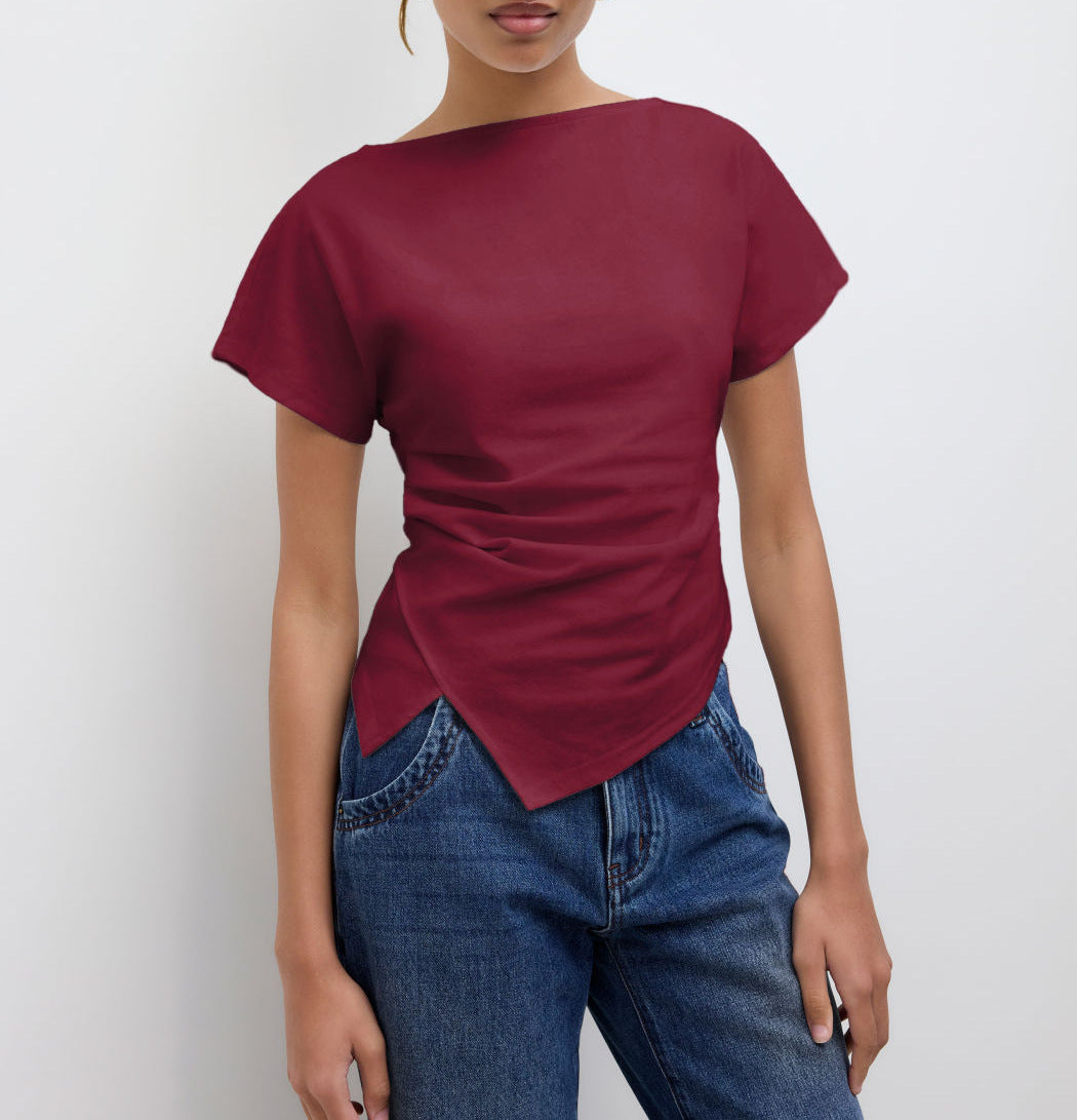 Damen Cropped T-Shirt mit asymmetrischem Schnitt und dekorativem Drapierungseffekt Drune