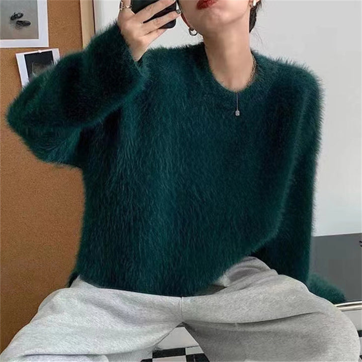 Damen Flauschiger Pullover mit lässigem Schnitt und hohem Rundhalsausschnitt Drune